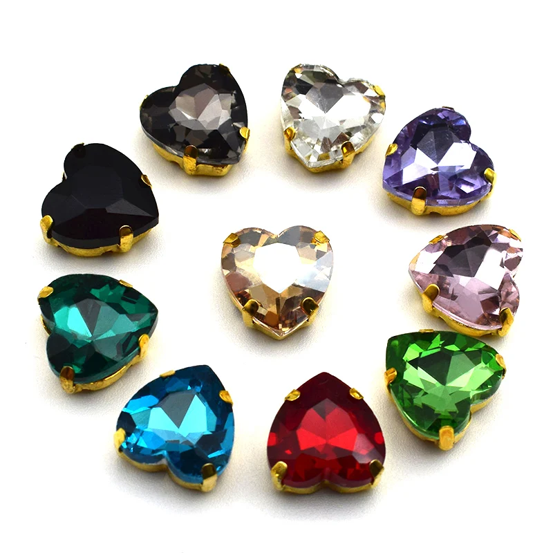Хрустальные стразы в форме сердца с плоским основанием для шитья золотым когтем