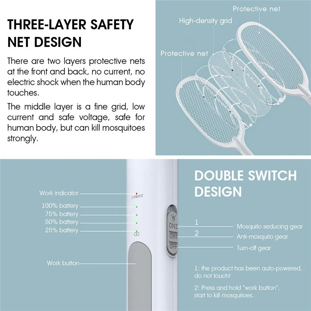 

2 In 1 3000V Electric Mosquito Killer USB 1200mAh Rechargeable Bug Zapper Summer Fly Swatter Trap Home Bug Insect Racket