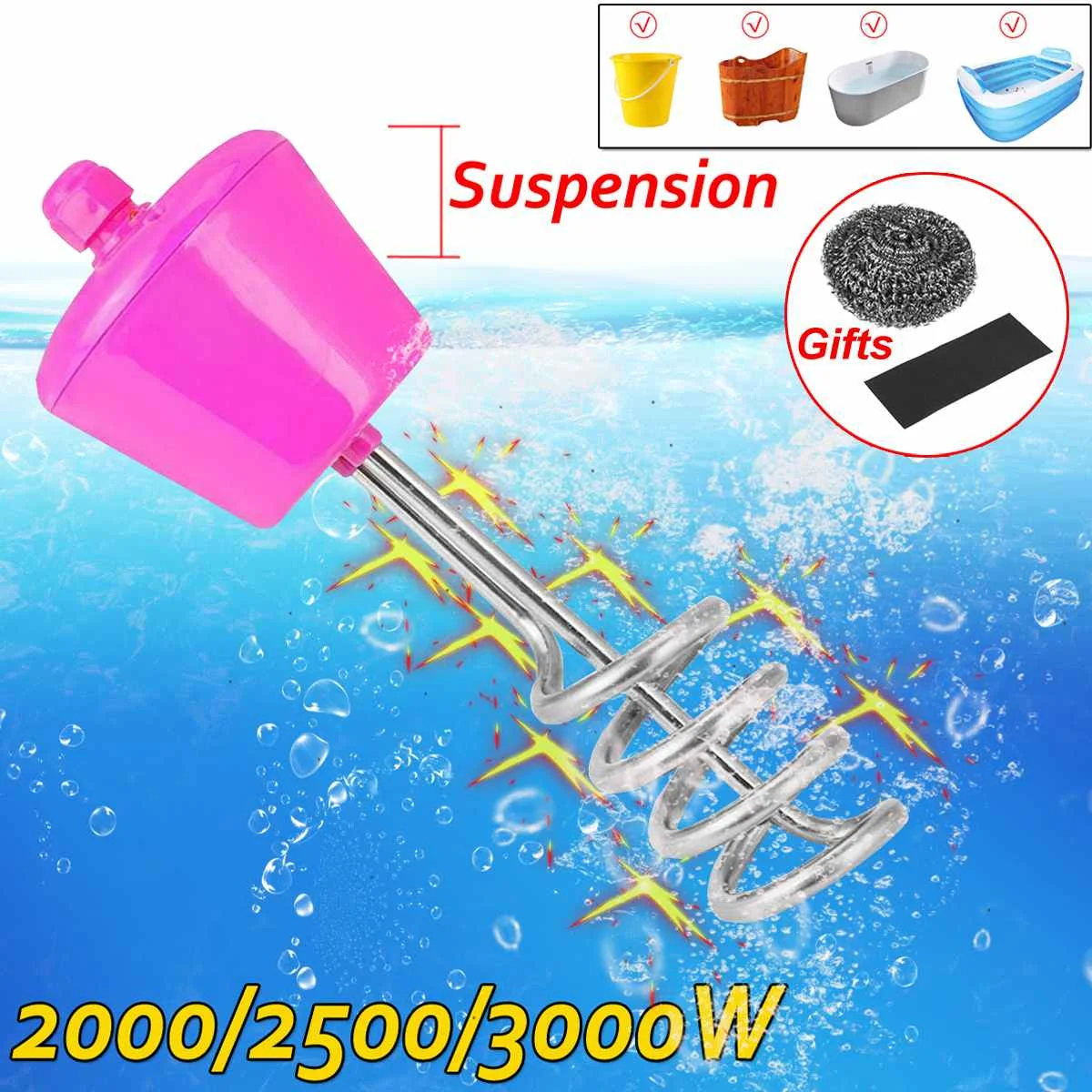 

Water Heater for Pool 2000/2500/3000W Stainless Steel Immersion Heater Suspension Electric Water Heater Elements UK Plug
