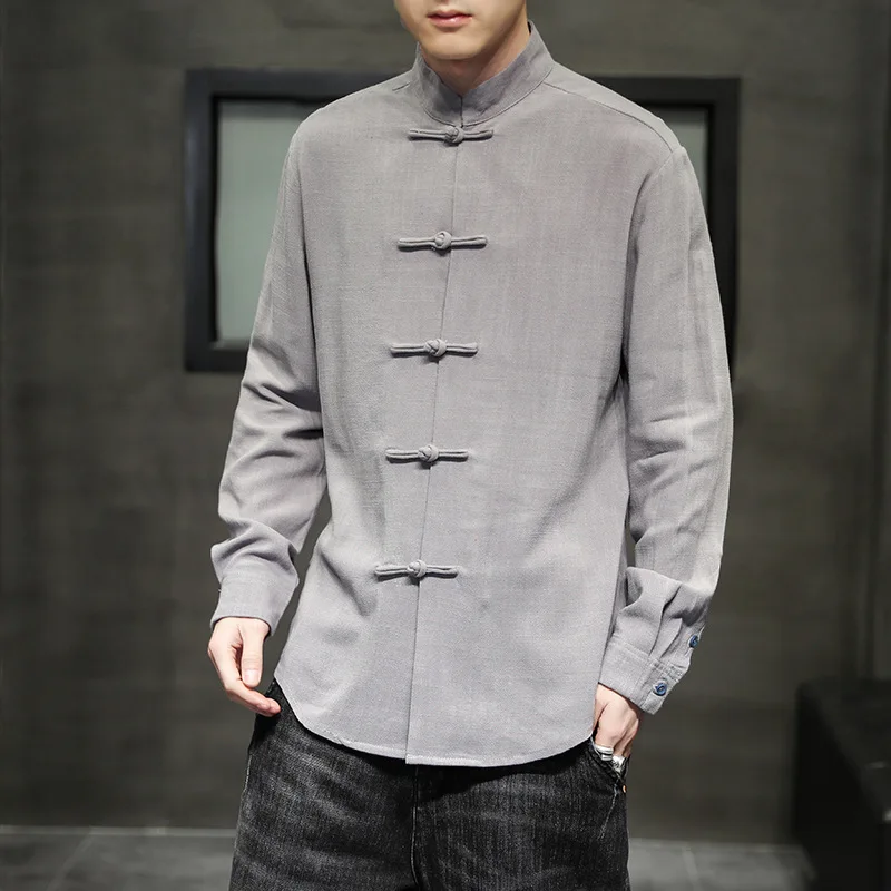 2021 Spring Autumn New Chinese Style Button Shirts for Men Cotton and Linen Long Sleeve Solid Color Kung Fu Tai Chi Top | Тематическая