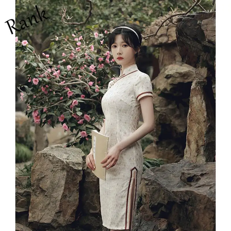 

Rank Women's Dress Retro Elegant Short Sleeve Chinese Traditional Cheongsam Sexy Slim High Slit Dress Female Modern Girl Skirt