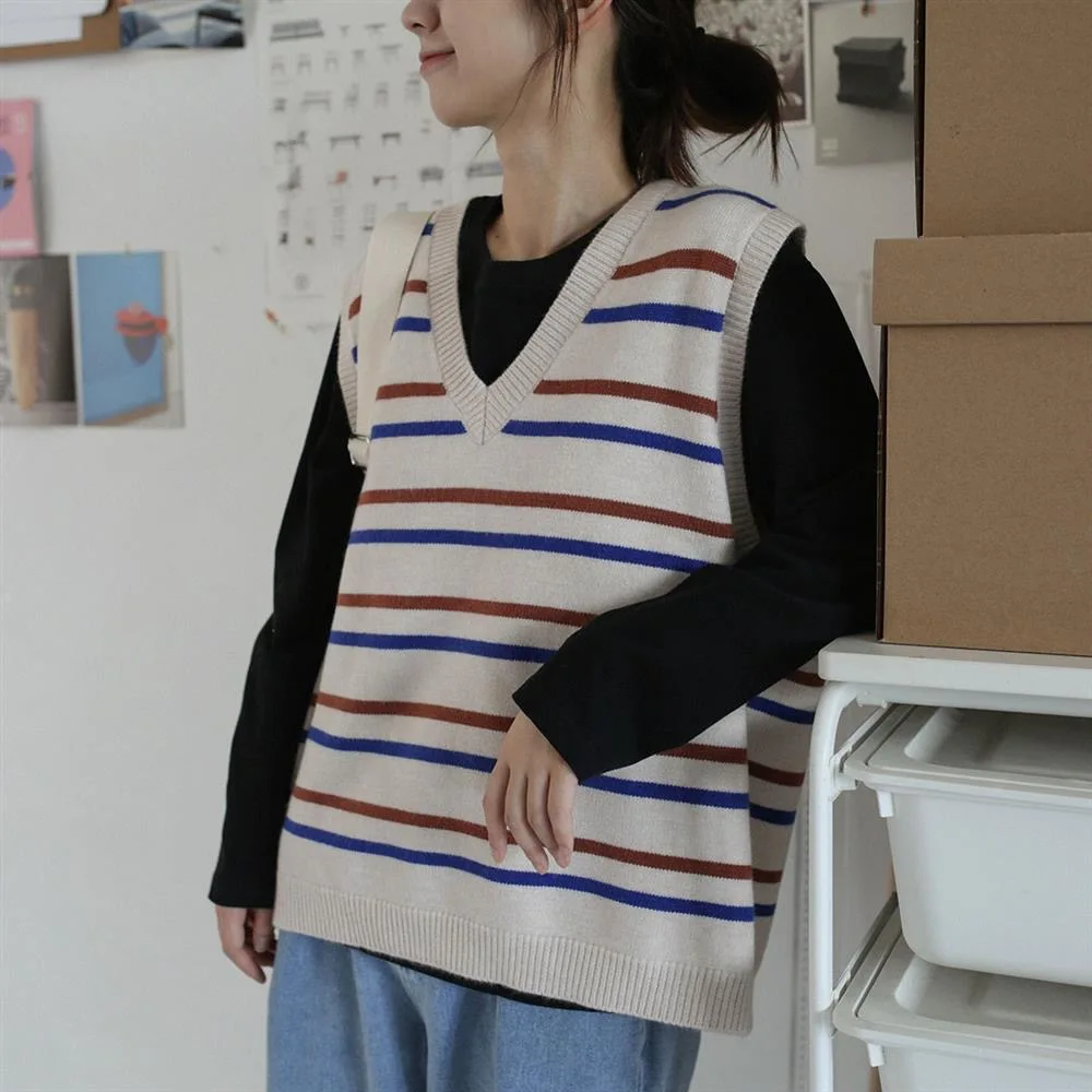 

Striped Knit Vest Sweater Sleeveless Jumper Fall Winter Japan Harajuku Casual Preppy Style Pullover Knitting Waistcoat