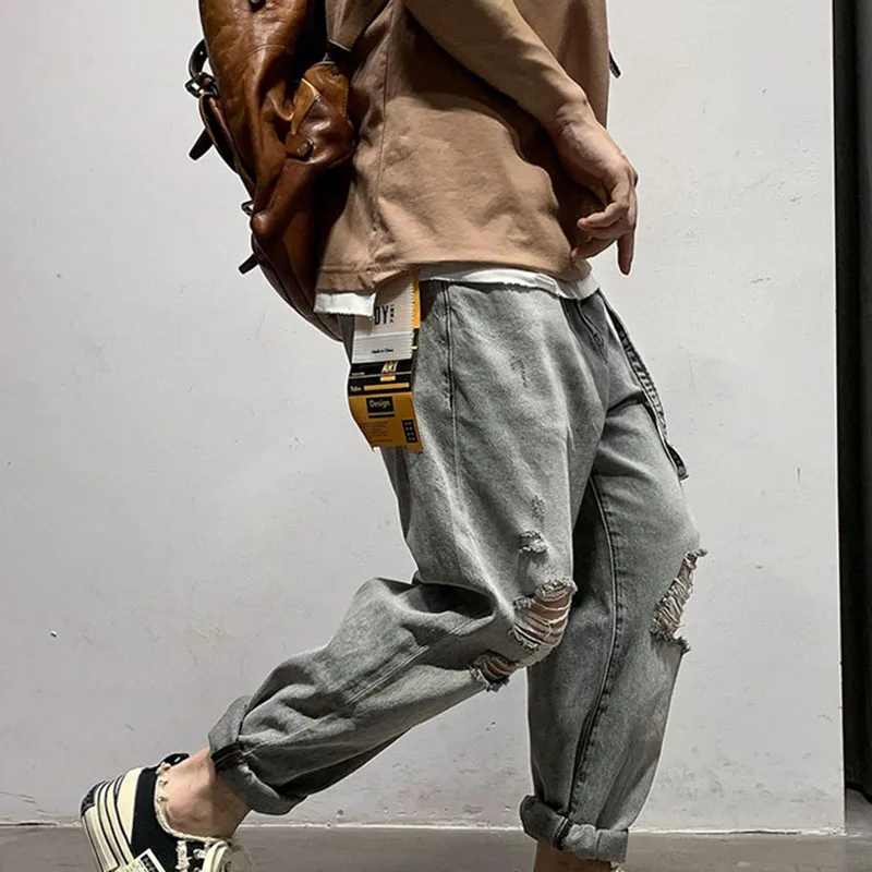 Spring Summer Men Thin Knee Length Jeans Fashion Street Ripped Hole Denim Pants Europe Vintage Grey Trousers With Waistband