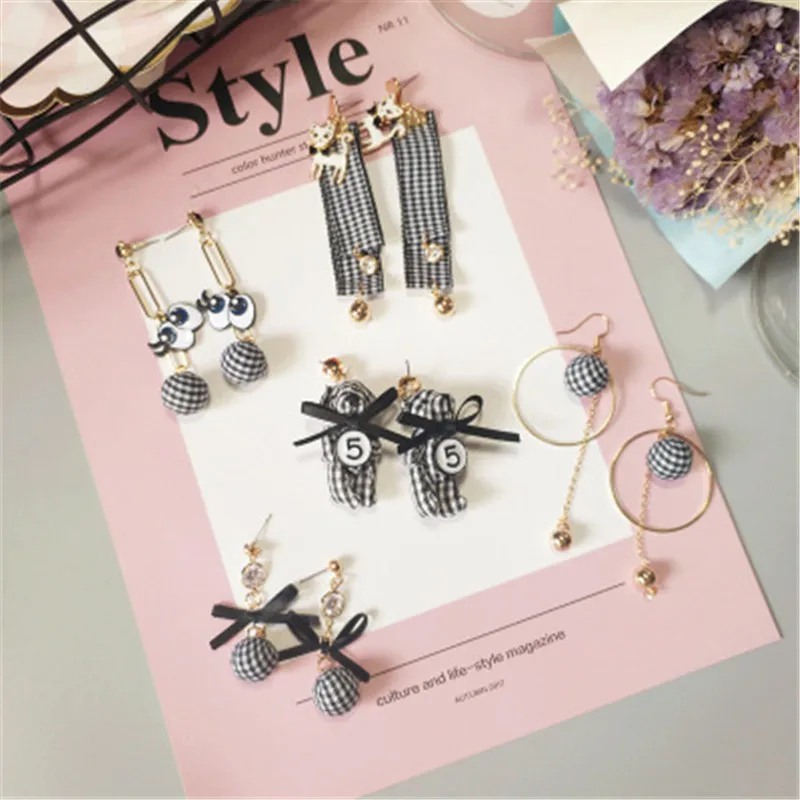 Корейские висячие серьги каваи милые клетчатые женские оптовые продажи с