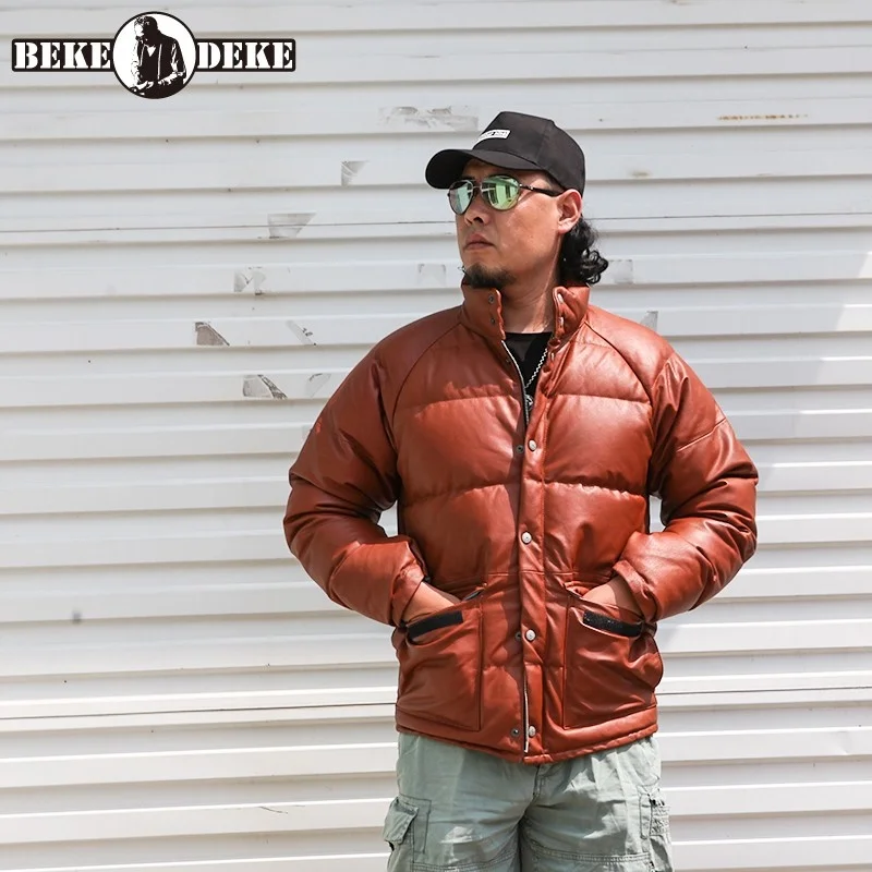 

Мужская Зимняя Толстая теплая куртка в стиле Харадзюку на утином пуху, куртка из натуральной козьей кожи с воротником-стойкой, повседневное...