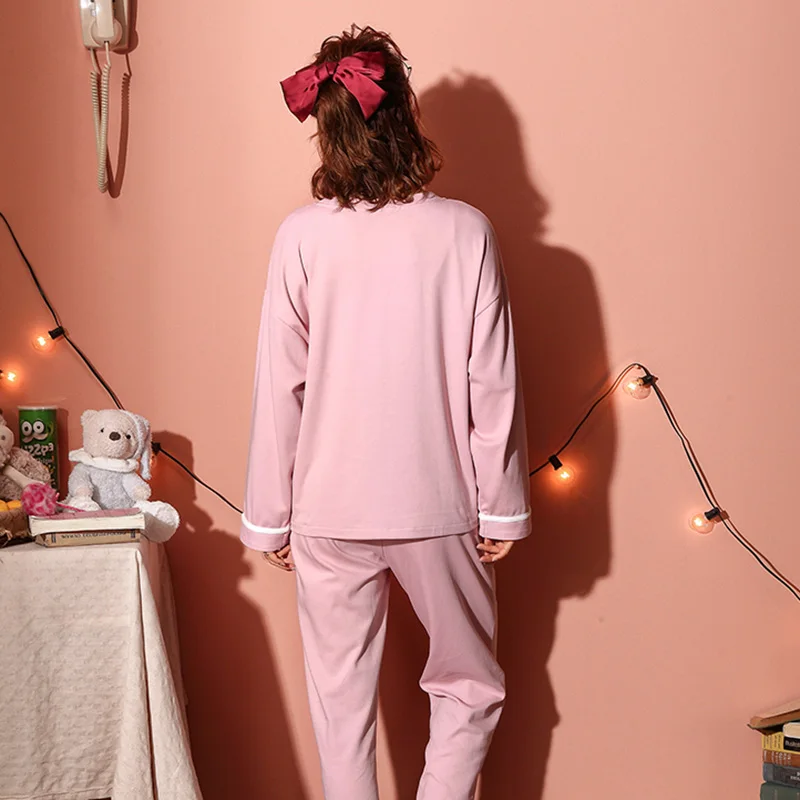 Foply Cartoon 100% Cotton Pajamas Set Women Pajama Pyjamas Sleepwear Nightwear Pink Pijama Mujer Home Wear Long Pants Nightsuit