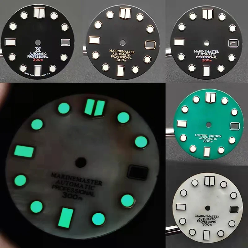 28.5mm NH35 Watch Dial Black Matte Abalone Modified Dial C3 Green Luminous Dial for NO.5 SKX007 NH35 NH36 Movement with S LOGO