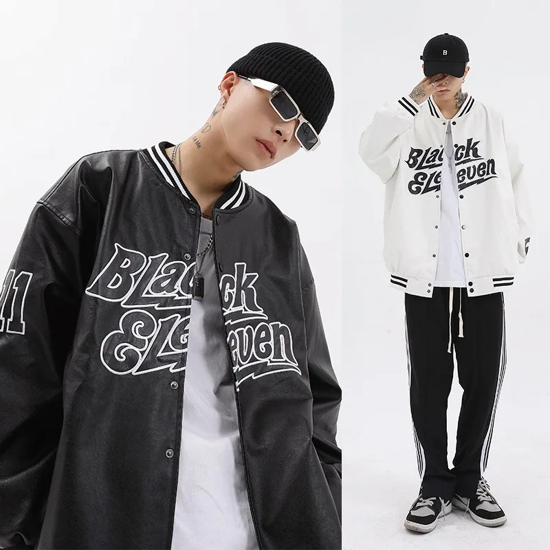 

American Style Retro Loose Oversized English Letter Embroidery Lovers Pu Leather Baseball Uniform Men's Jacket Jacket Hip Hop