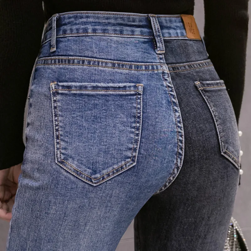 

Winter Add Velvet High Waist Vintage Frayed Hem Patchwork Skinny Bell Bottom Stretchy Denim Jeans for Women