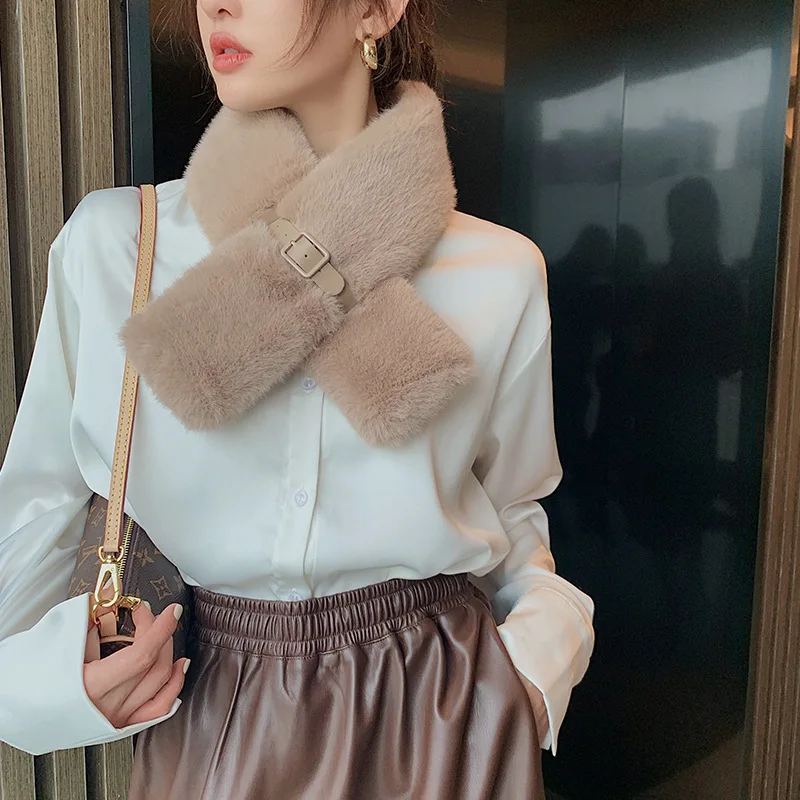 

Женский теплый шарф с перекрестной пряжкой, модный плотный однотонный шарф из искусственного кроличьего меха в Корейском стиле, новинка