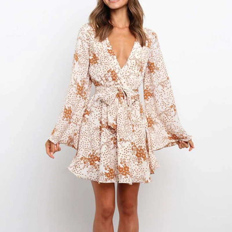 

Casual Boho Mini Dress Ladies Floral Print Flare Long Sleeve Deep V Neck Vacation Beach Dress Women Fashion Clothes Summer Fall