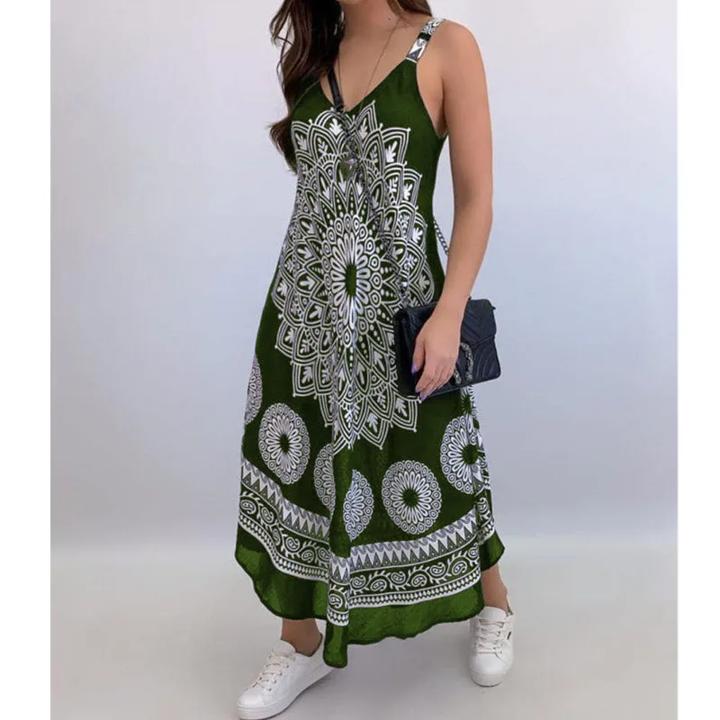 

2021 Women's Summer Dress Fashion a Line Skirt Ladies Totem Printed V Neck Halter Sling Robe Casual High Waist Female Beach Wear