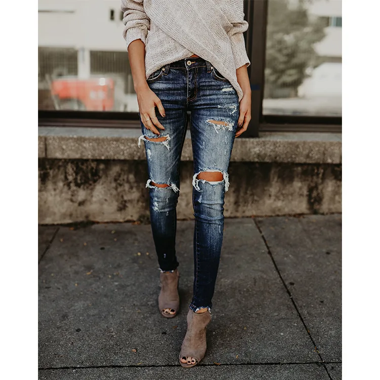 

Women's Gradient Jeans with Holes 2021 Fashion Casual Streetwear Small Feet Middle Waist Jeans