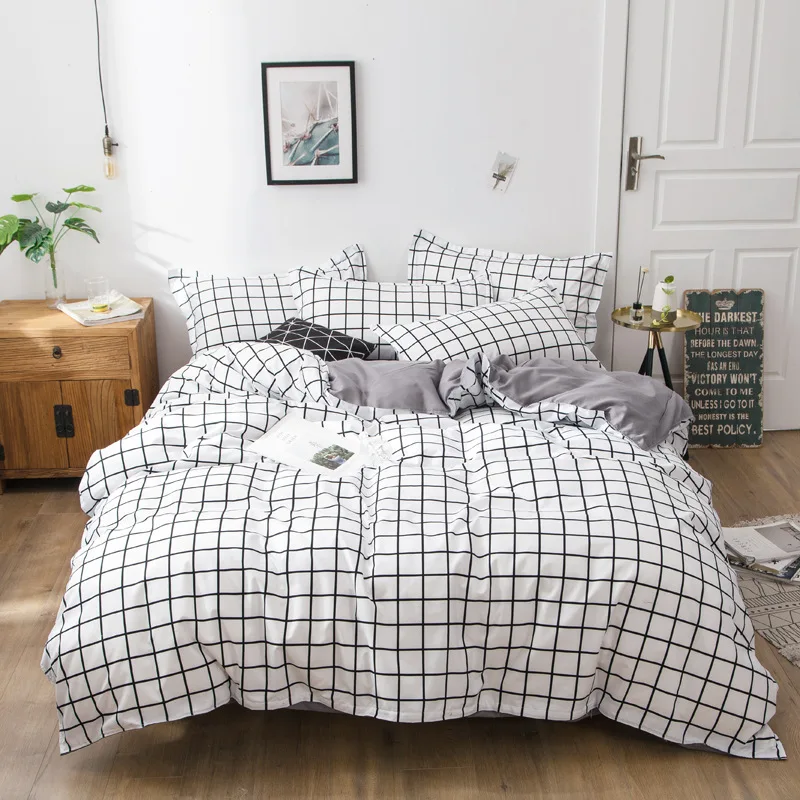 

Classic Black White Grid Bedding Set Fashion Polka Dot Double Bed Linens Cover Set Quilt Pillowcase Shinging Star Pattern