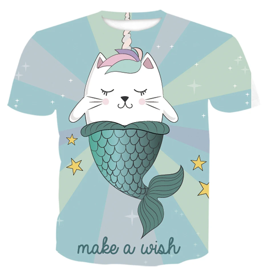 

Unicorn Fish Tail Printing Style T-Shirts for Primary Secondary Girls Summer Short Sleeve 100% Cotton Casual Fashion Costume