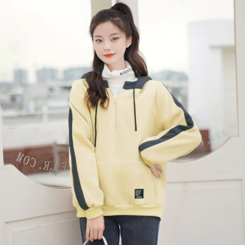 

Chic Khaki Autumn and Winter 2020 New All-Matching Thickened Hooded Sweatshirt Women's Assorted Colors Fleece Top Students'