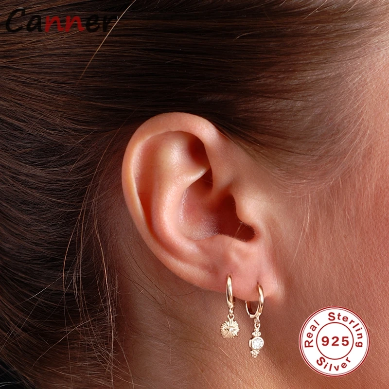 

CANNER Real 925 Sterling Silver Stars Zircon Piercing Huggies Earrings for Women Round Small Hoop Earring INS 2021 Trend Jewelry