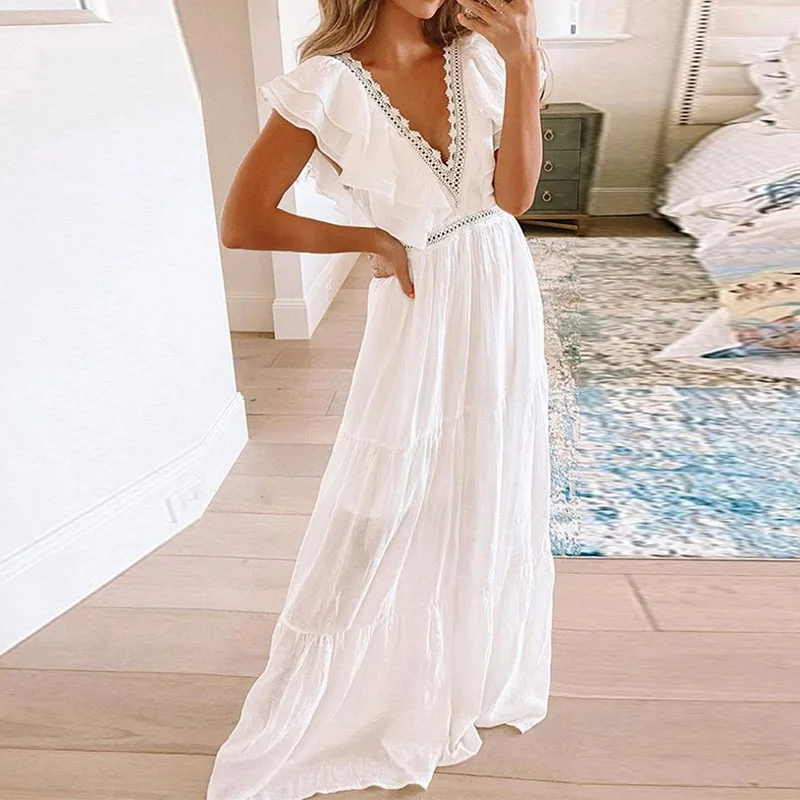 

2021 Summer Long Women's Evening Dress White V-neck Ruffle Sleeve Lace Female Dresses New Elegant Sweet Party Ladies Clothes