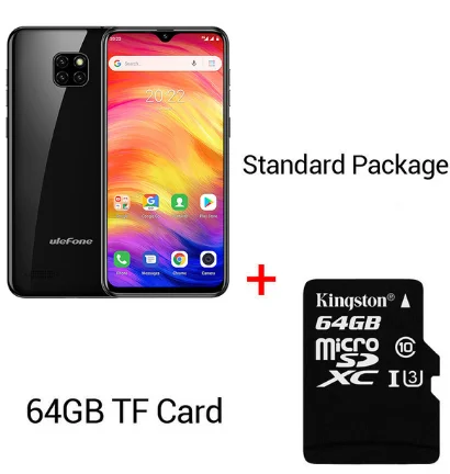 Смартфон Ulefone Note 7, 3500 мАч, 19:9, четырехъядерный, 6,1 дюймов, экран в виде капли воды, 16 Гб ПЗУ, мобильный телефон WCDMA, мобильный телефон Android 9,0 - Цвет: Black N 64GB Card