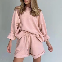 solid color women suit drawstring o neck long sleeve top shorts suit for daily wear women suit