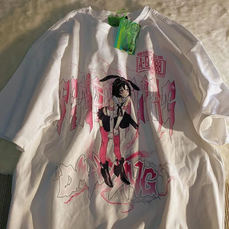 

QWEEK Summer White T-shirt Women 2021 Fashion Korean Style Kpop Casual Streetwear Kawaii Short Sleeve Tops Tee Couples O-neck