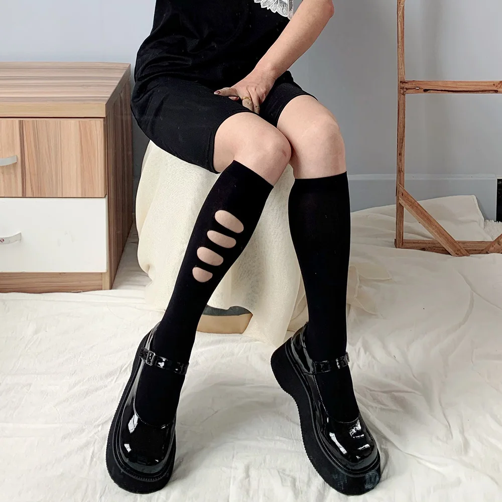 

Fashion Black Hole Stockings Women Asymmetry High Knee Socks Female Velvet Long Socks Leg Summer Dress Calcetine Medias
