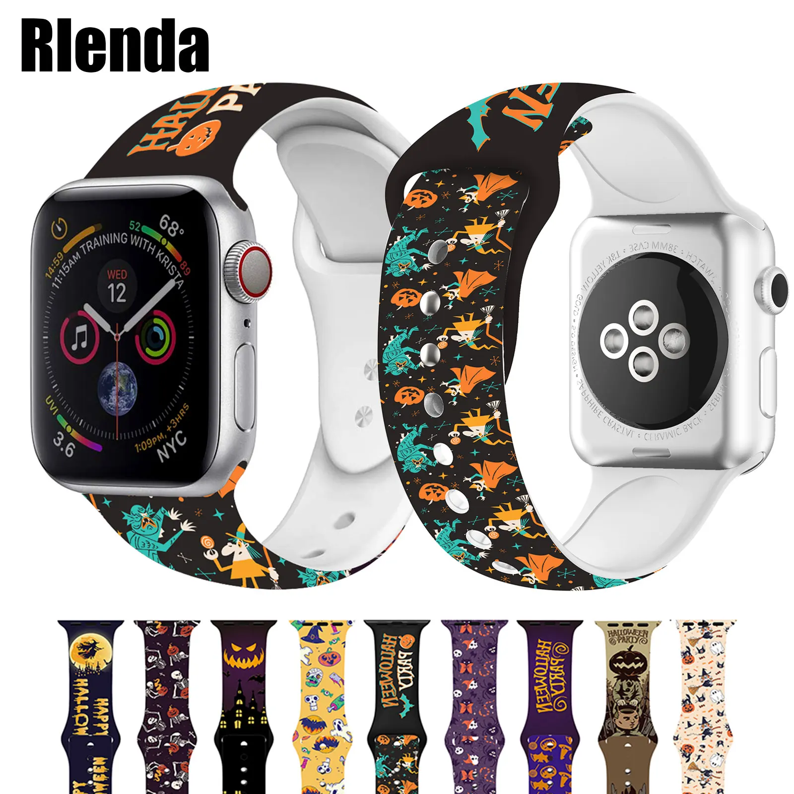 

Ремешок силиконовый для Apple Watch Band 44 мм 42 мм 40 мм 38 мм, резиновый браслет для iWatch Series 6 5 4 3 2 1, с принтом на Хэллоуин