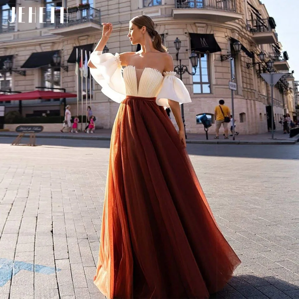 

JEHETH Strapless Burnt Orange Tulle Prom Dress Fashion Pleat Lace-up Backless Evening Gowns Custom Made with Bow robes de soirée