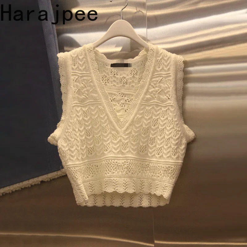 

Женский свитер Harajpee, жилет, милый мягкий свободный однотонный шерстяной топ с V-образным вырезом и ажурным узором, Осень-зима 2021, новый корей...