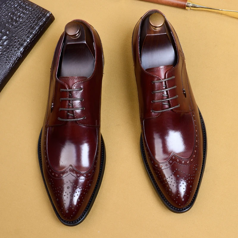 Туфли-Броги мужские из натуральной кожи дышащие туфли без каблука с круглым