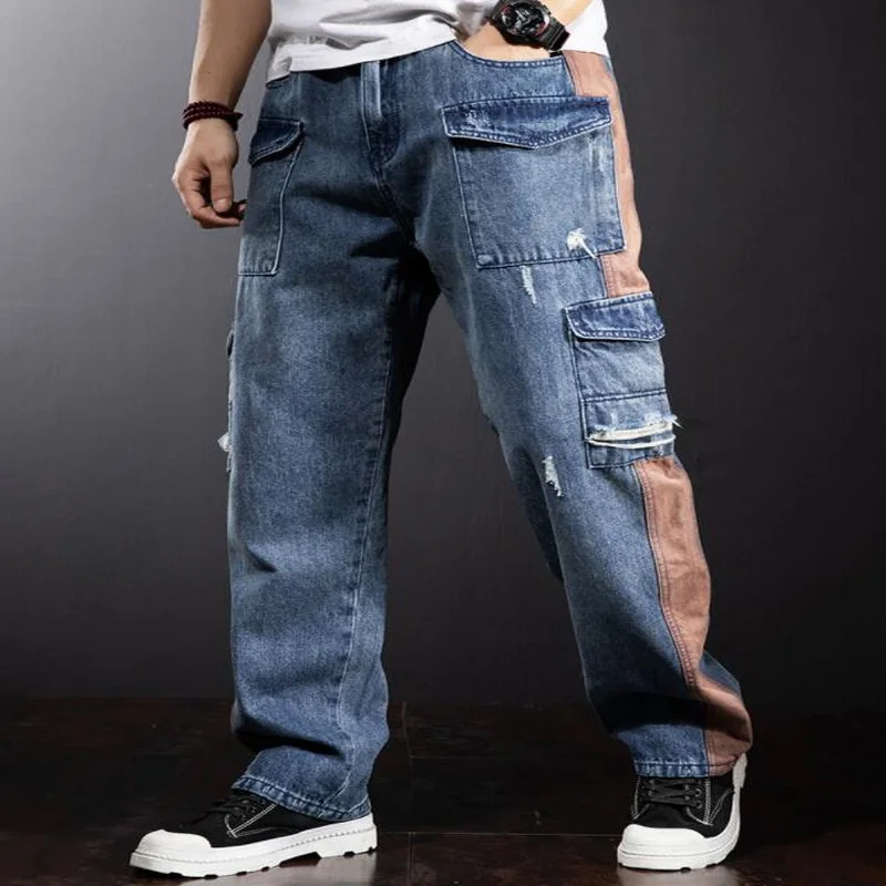Джинсы-карго мужские с множеством карманов прямые брюки из денима оверсайз