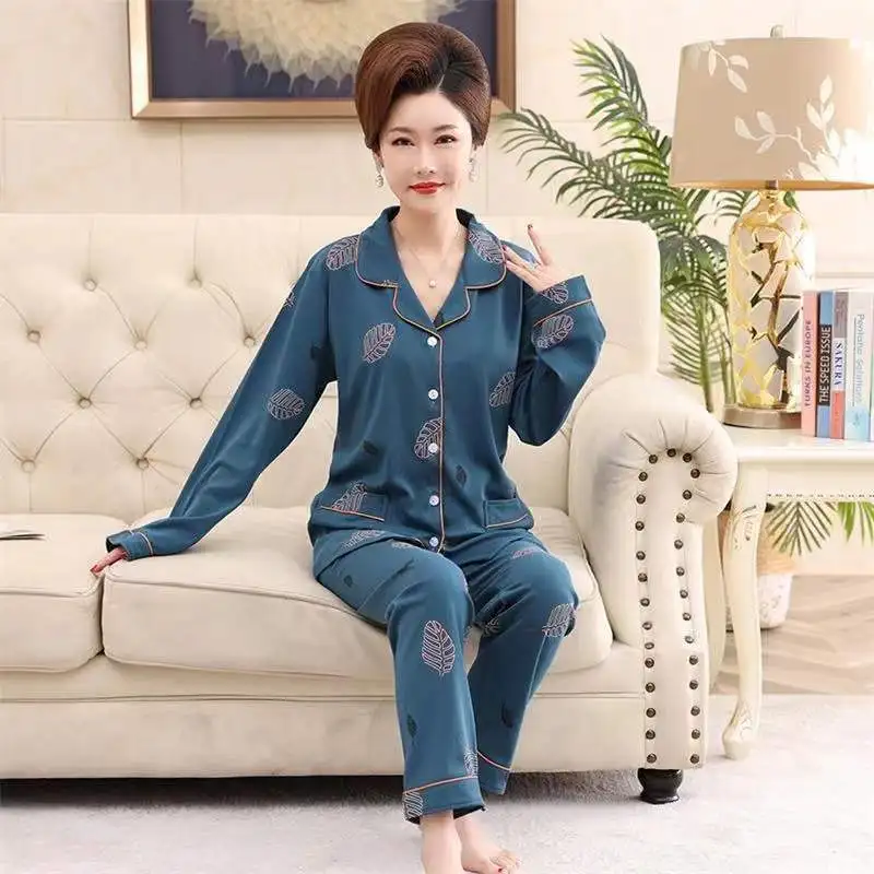 Women Pajama Set Spring Autumn 100% Cotton Long-Sleeved Trousers Two-Piece Home Clothes Mom Pyjamas Suits