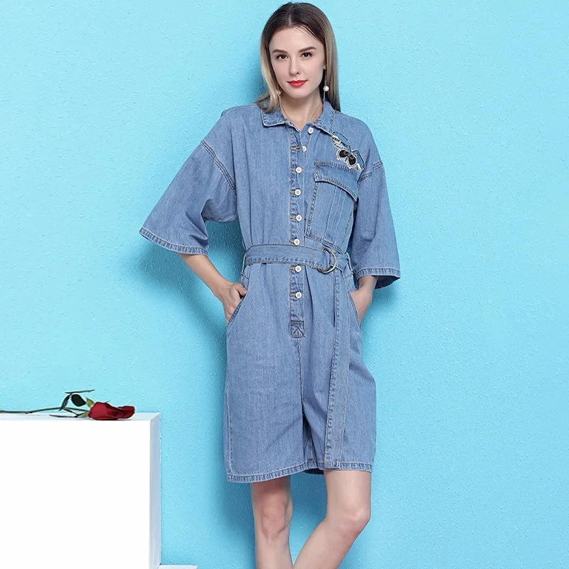 Nordic wind playsuit short-sleeved jumpsuit female 2019 new fashion loose tooling jumpsuit denim playsuits summer NW19B6015