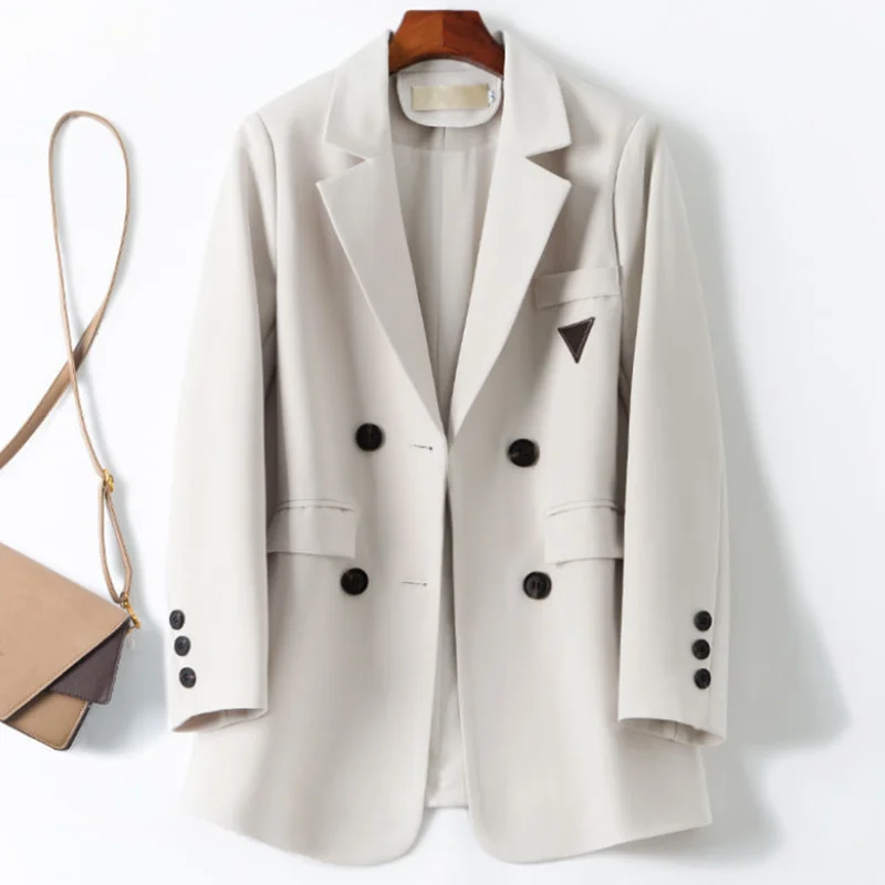 

Korea Fashion Chic Autumn Blazer Temperament Retro Lapel Double Breasted Loose Solid Long-sleeved Office Suit Jacket Women