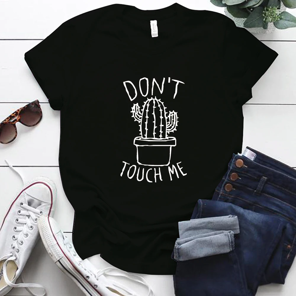 

Женские футболки с забавным принтом Don't Touch Me Cactus, повседневные футболки с круглым вырезом, размера плюс, в стиле Харадзюку, милые женские фут...
