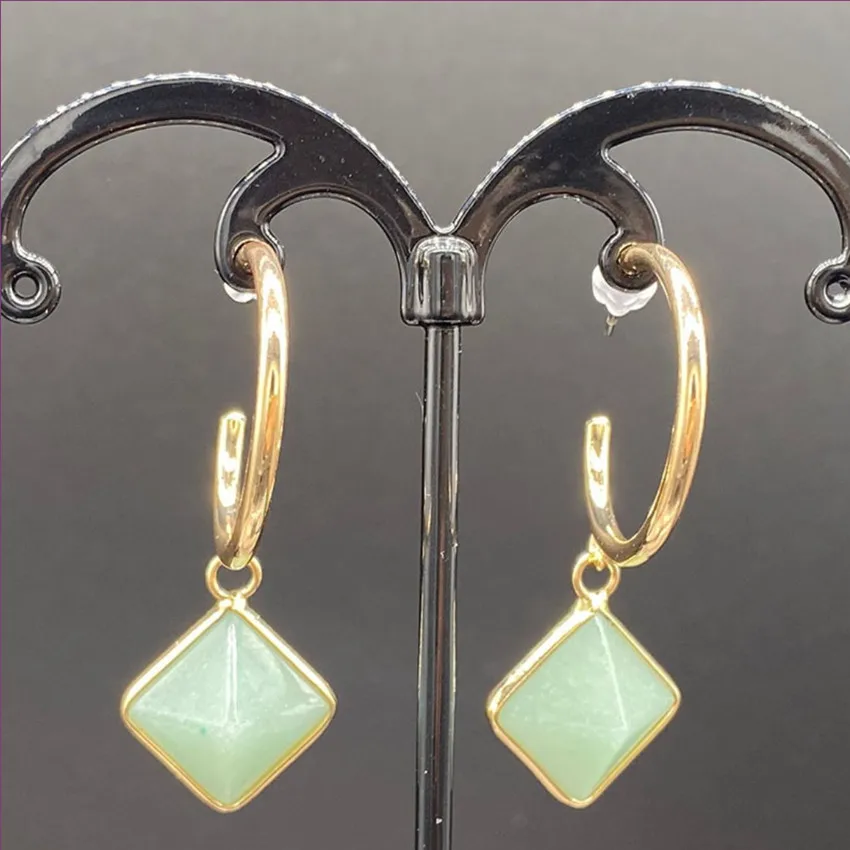 FYJS Unique Light Yellow Gold Color Square Pyramid Green Aventurine Dangle Earrings Golden Sand Stone Jewelry | Украшения и