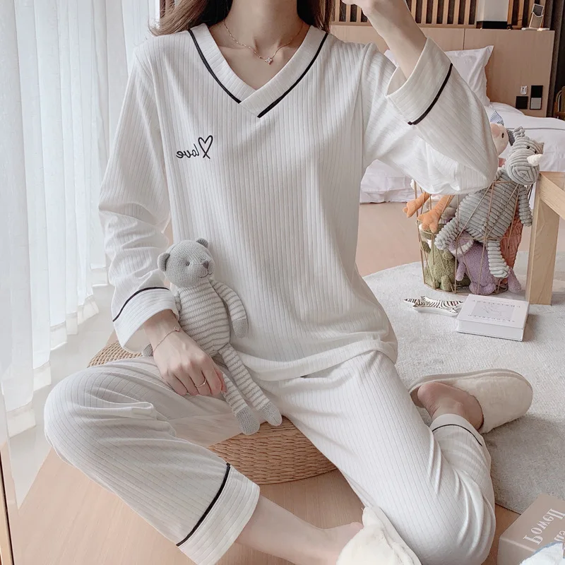 

White Pajamas Suit Cotton Nightwear Nightgown 2PCS Tops&Pants Sleep Set Sleepwear Spring V-Neck Lingerie Warm Home Clothes