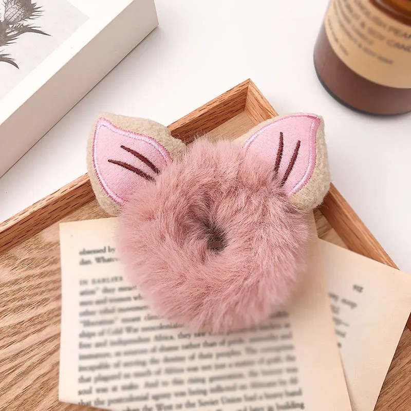

Plush Scrunchies Candy Color Sweet Soft Hair Accessories Lovely Faux Fur Hair Rope Furry Cat Bear Ears Elastic Hair Band