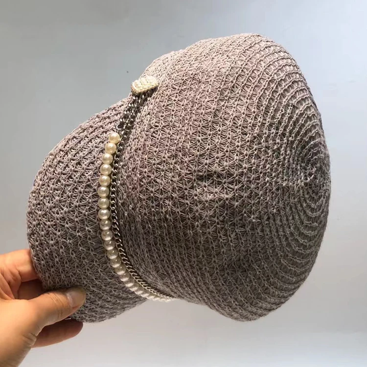 

Pearl Flat Top Oagonal Beret Women's Retro British Versatile Korean Japanese Knitting Technology treasure Navy Hat Fashion