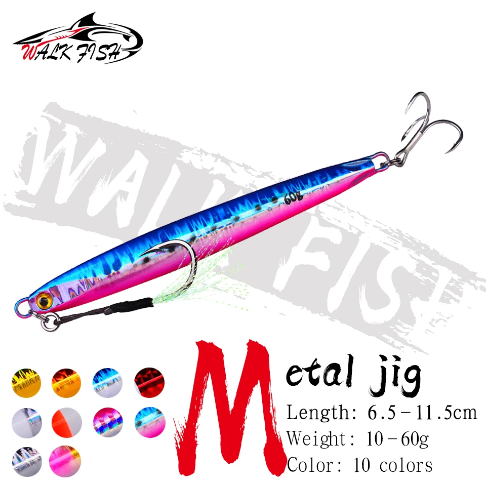 

WALK FISH 1 шт., приманка для джиггинга с медленным забрасыванием, 10g-20g-30g-40g-60g, длинная металлическая джиг, приманка для рыбалки, искусственные же...