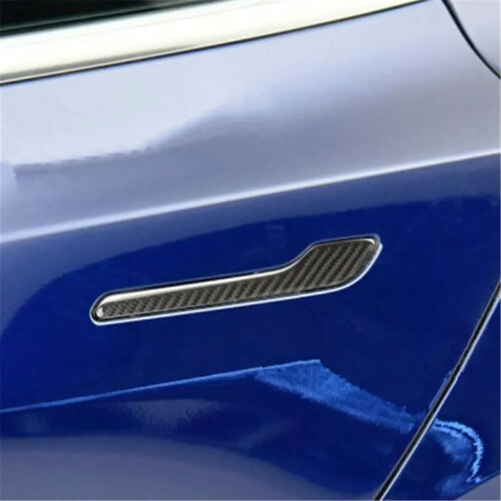 

4pcs/set Carbon Fiber Side Door Handle Cover Trim Outer Door Handle Sticker Easy Installation For 18-19 For Tesla Model 3