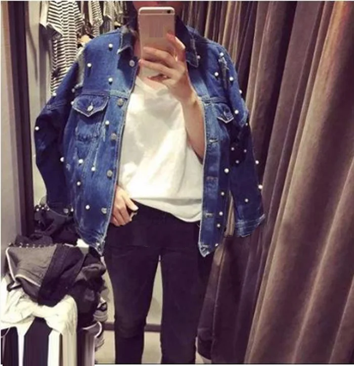 Pearls Beading Ripped Denim Jacket Women Vintage Single Breasted Long Sleeve Jean Jackets and Coats Plus Size Spring Fall