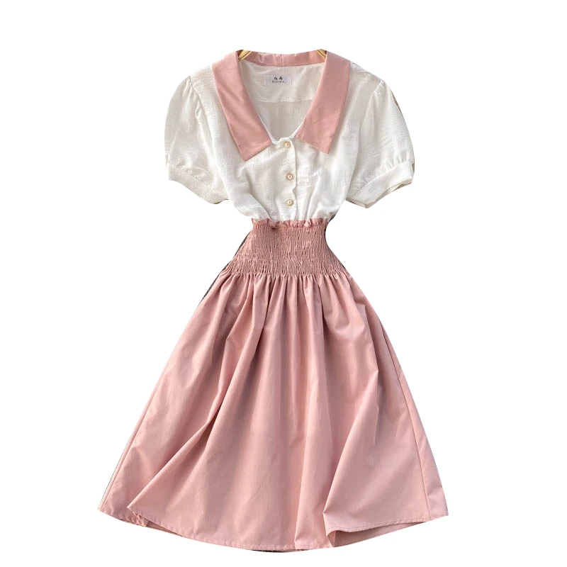 

2021 Summer Fashion New Vestidos Female Lapel Short-sleeved Elastic Elastic Waist Thin and Sweet Fashion Midi Dress C748