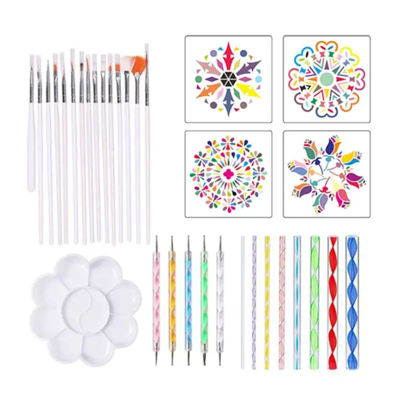 

33pcs/set Mandala Dotting Pen Tools Set for Painting Stone Ceramic with Stencils Template Brush Tray F2TA