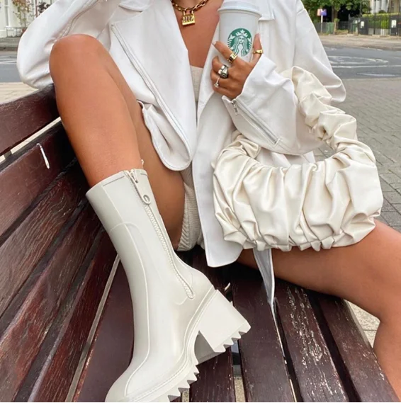 

2021 New Square Toe Rain Boots for Women Chunky Heel Thick Sole Ankle Boots Designer Chelsea Boots Ladies Rubber Boot Rain Shoes