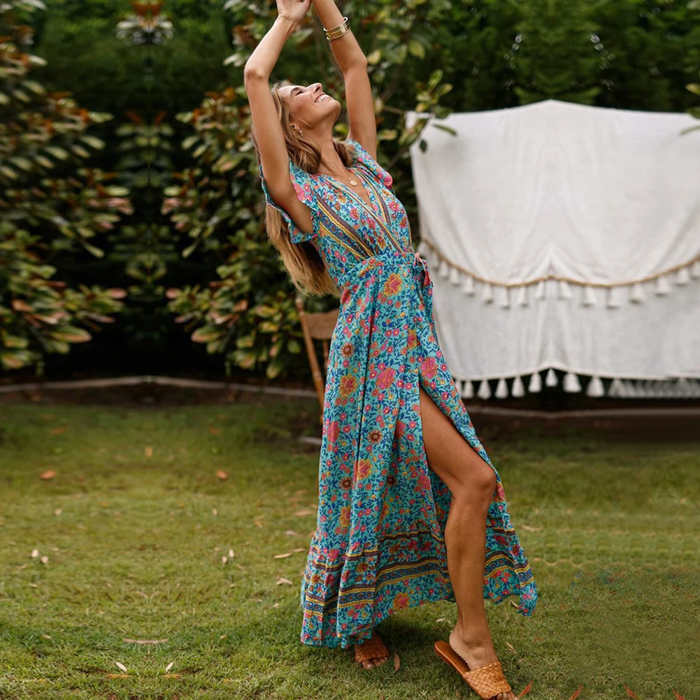 

Floral Holiday Ruffle Sleeve Pullover Sexy Cotton Blend Beach Front Split V Neck Fashion Casual Women Dress Summer Long