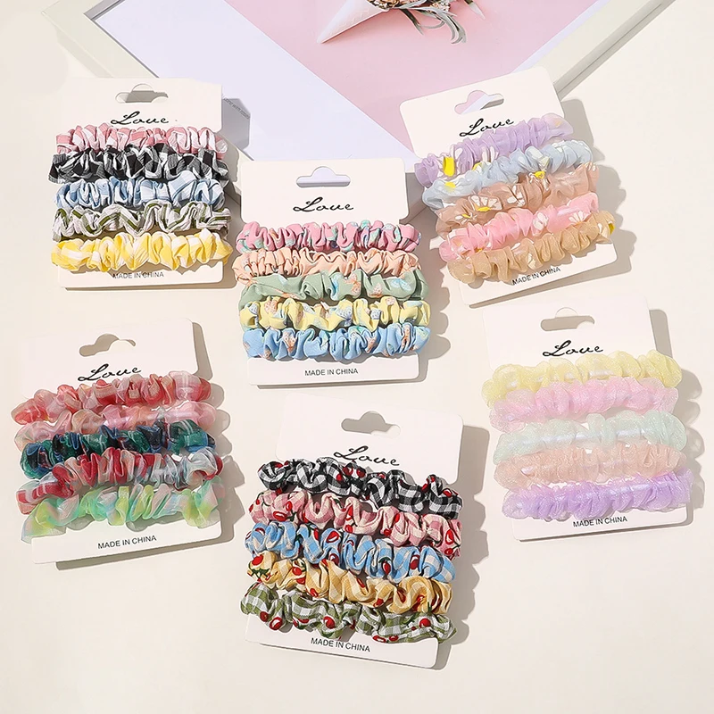 

5Pcs Floral Plaid Hair Scrunchies Vintage Wild Hair Ring Elastic Rubber Band Girls Fashion Ponytail Scrunchie Hair Accessories