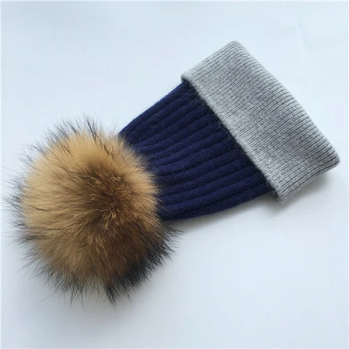 Navy-grey N Зимняя шапка, модная шапка с натуральным мехом, женские шапки с помпоном, кашемировый шерстяной вязаный берет, меховая шапка с помпоном, шапка с большим мехом енота - Цвет: Navy-grey N