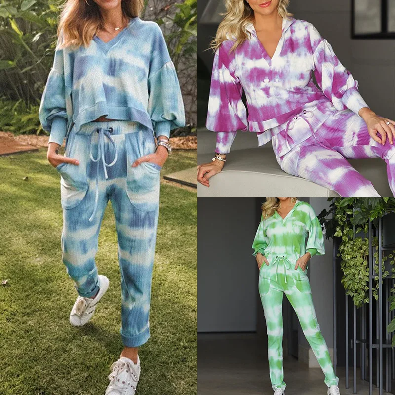 

Women pants Set autum Tie Dye long Sleeve Top Shirt And loose pants Casual Two Piece Set Streetwear Outfits Tracksuits