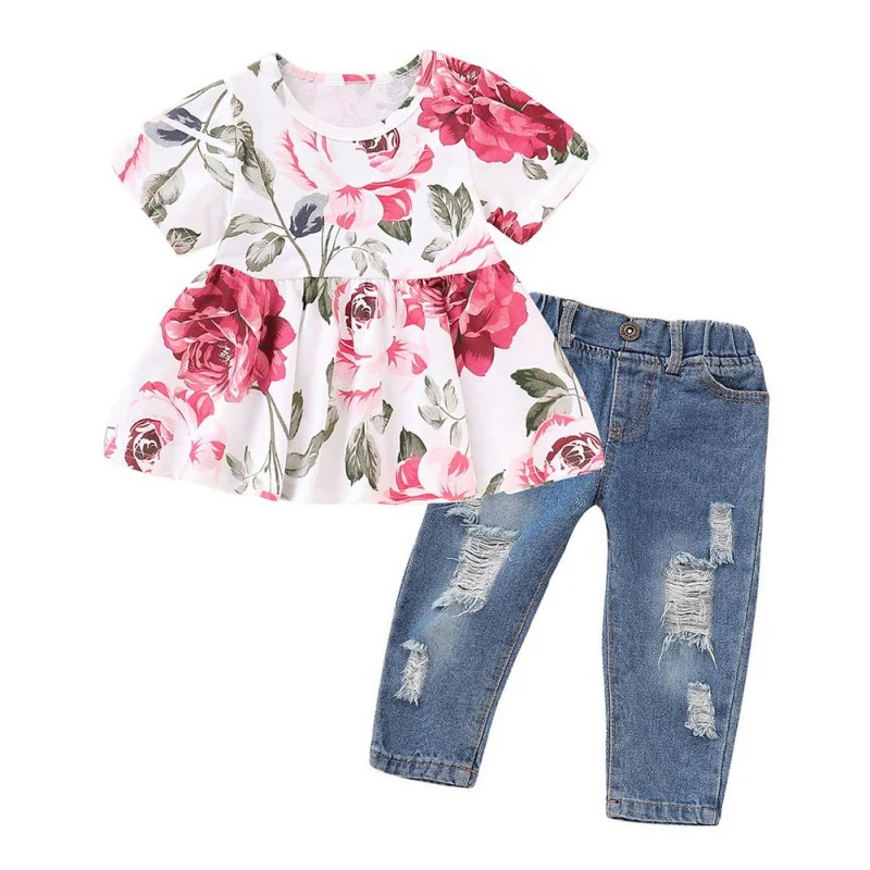 

2021 2Pcs Toddler Ruffle Outfits Short Sleeve Floral Girls Shirt Tops + Denim Pants Ripped Jeans Baby Girl Clothes Sets